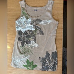 Basic Editions Beige Tank Top with Green, White & Dark Gray Floral Print